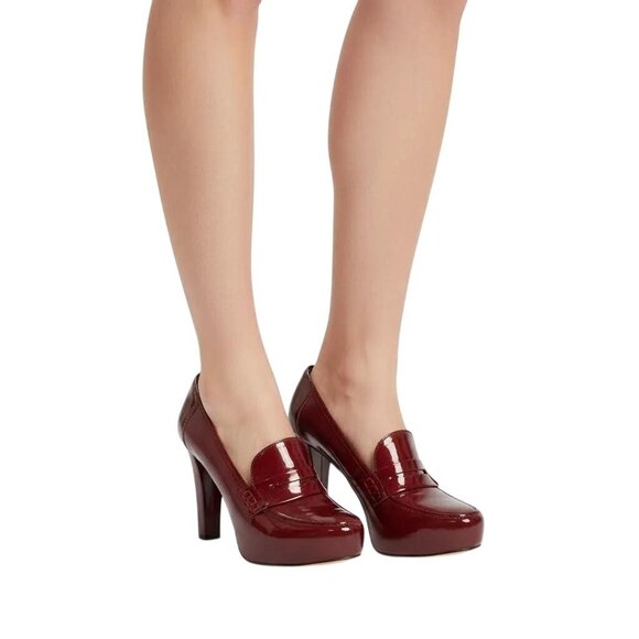 me too Shoes - Me Too Women's Burgundy Patent Leather LORRE Penny Loafer Heels Pumps Size 9M